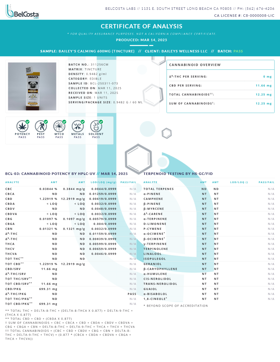 BAILEY'S CBD PET TINCTURE, CALMING, W/ CHAMOMILE + L-THEANINE