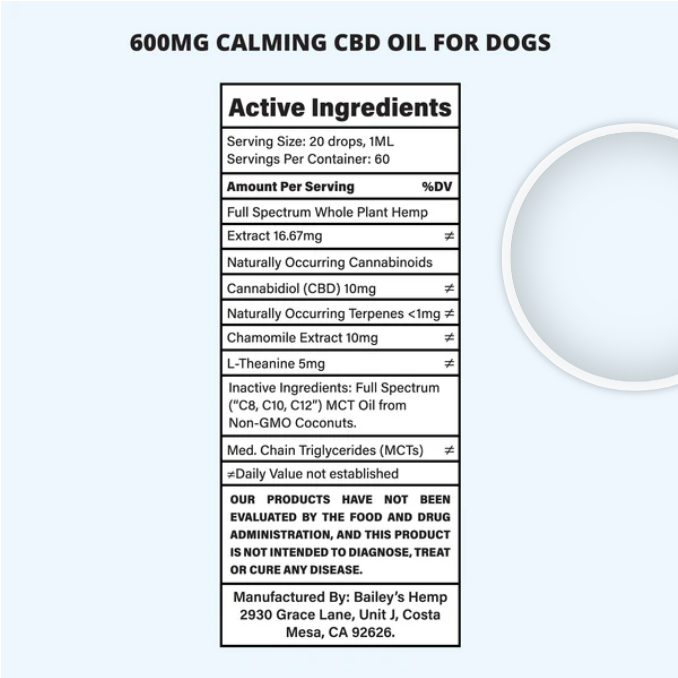 BAILEY'S CBD PET TINCTURE, CALMING, W/ CHAMOMILE + L-THEANINE