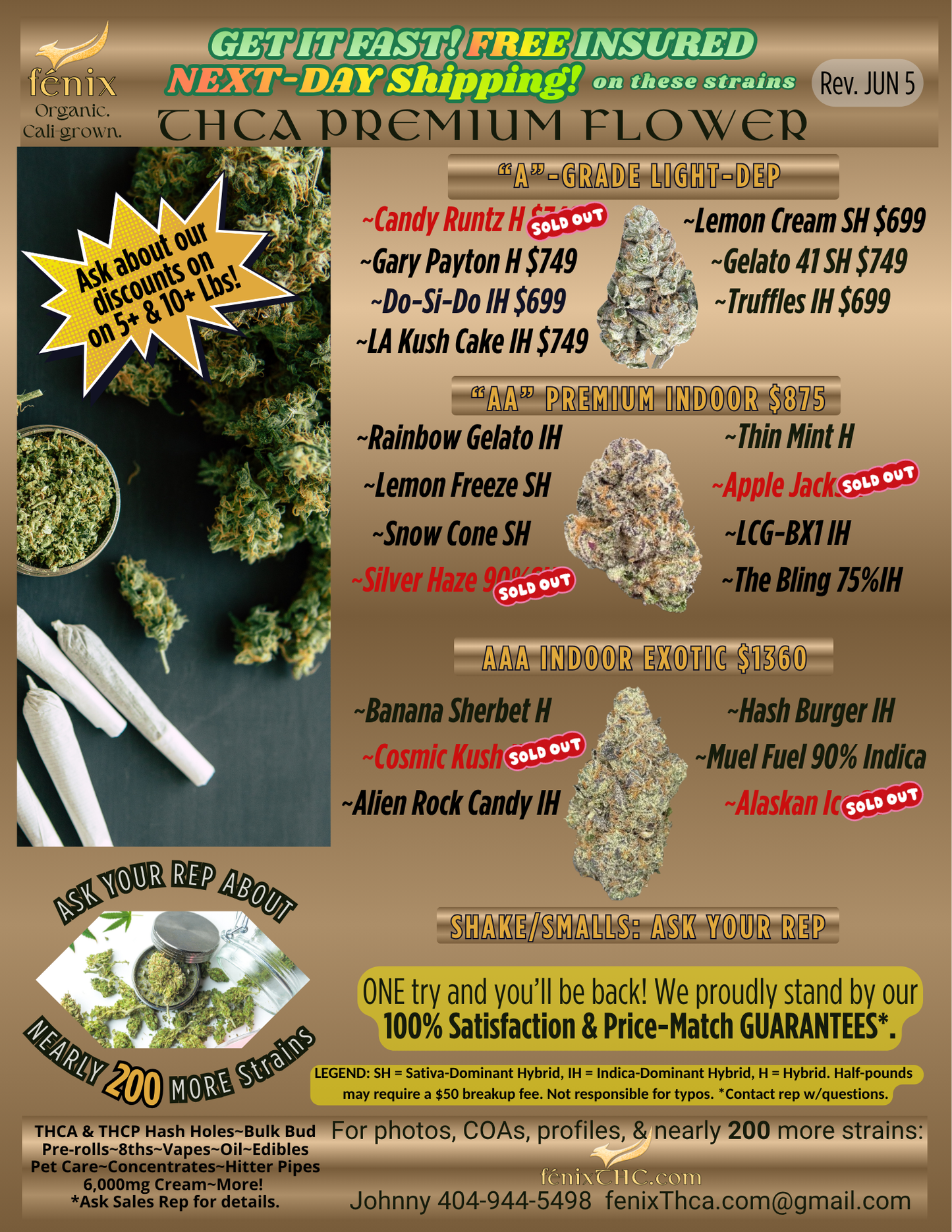 FLOWER MENUS : BULK THCA STRAINS, ECONOMY & PREMIUM: UPDATED 6/5