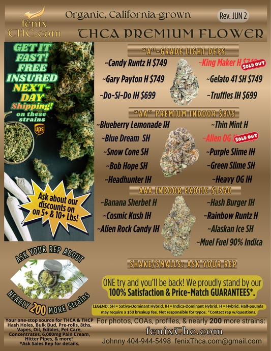 FLOWER MENUS : BULK THCA STRAINS, ECONOMY & PREMIUM: UPDATED 6/2