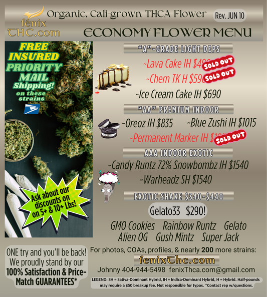 BULK FLOWER MENUS & SPECIALS : THCA STRAINS, ECONOMY & PREMIUM: UPDATED 6/10