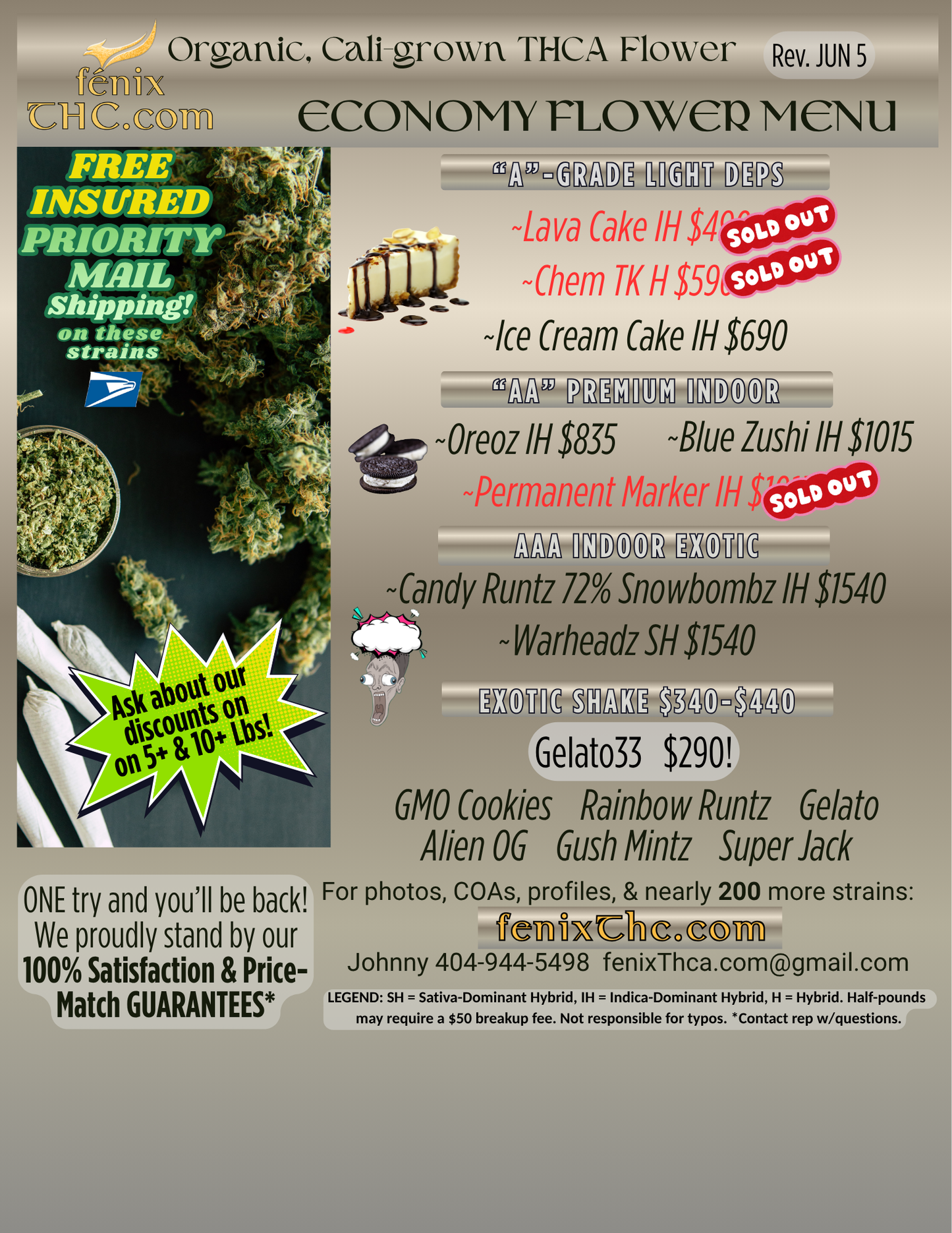 FLOWER MENUS : BULK THCA STRAINS, ECONOMY & PREMIUM: UPDATED 6/5