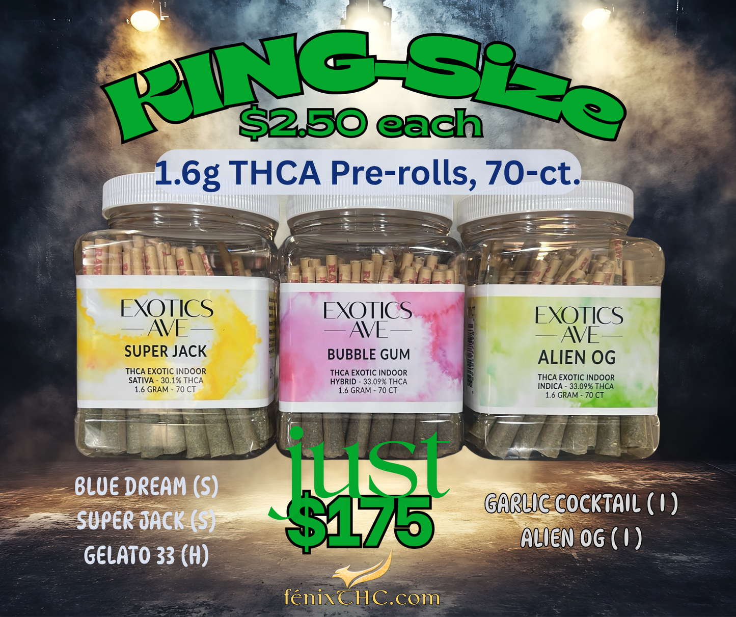 EXOTICS AVE 1.5g THCA KING-SIZE EXOTIC PRE-ROLLS, 70-CT ($2.50 ea.)