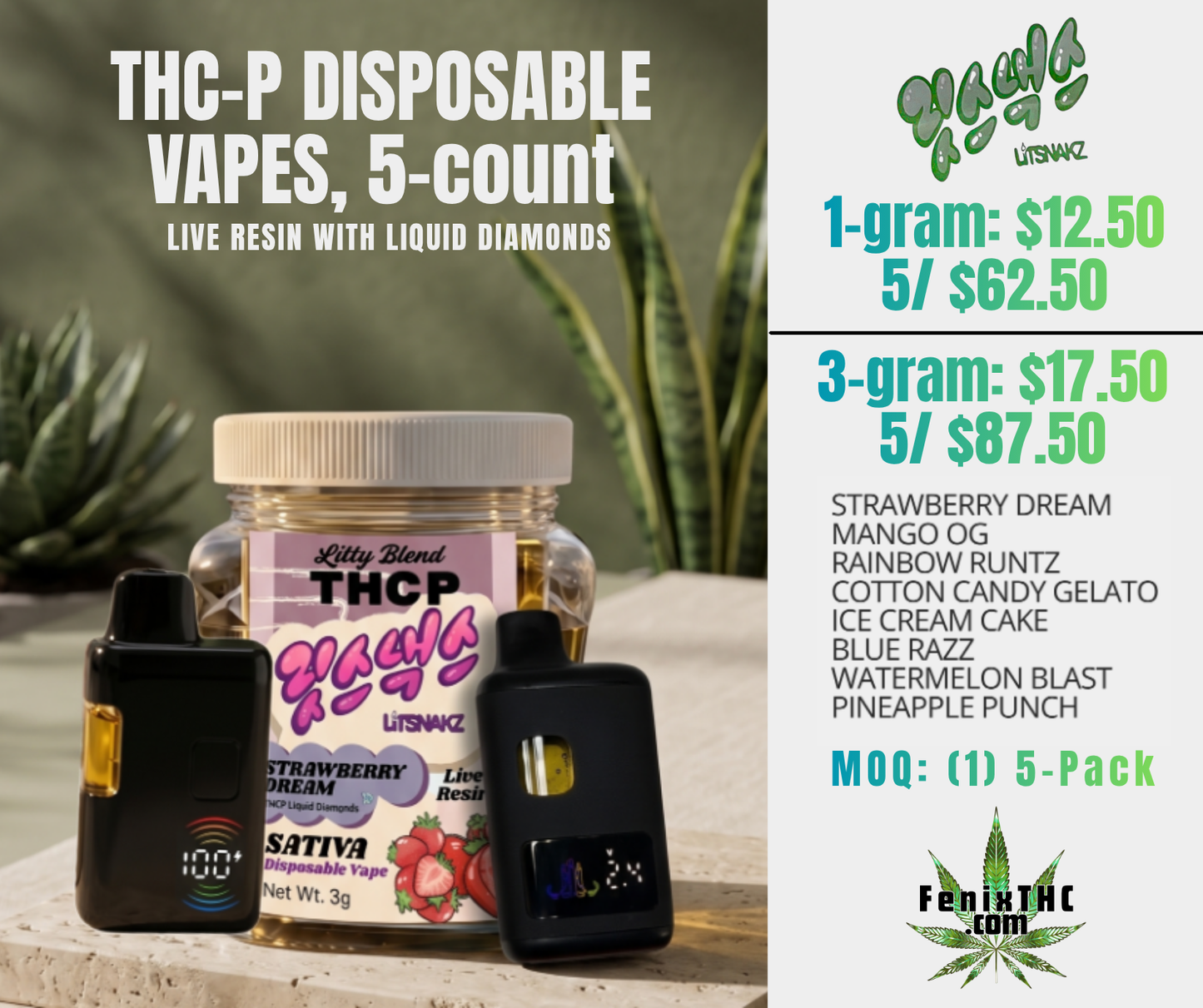 Litsnakz THCP 1g or 3g Live Resin w/ Liquid Diamonds Disposable Vape