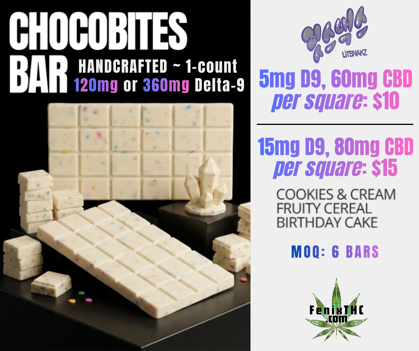 LITSNAKZ CHOCOBITES Delta-9 Cereal-Flavored White Chocolate 24-Square Bar 120-360mg