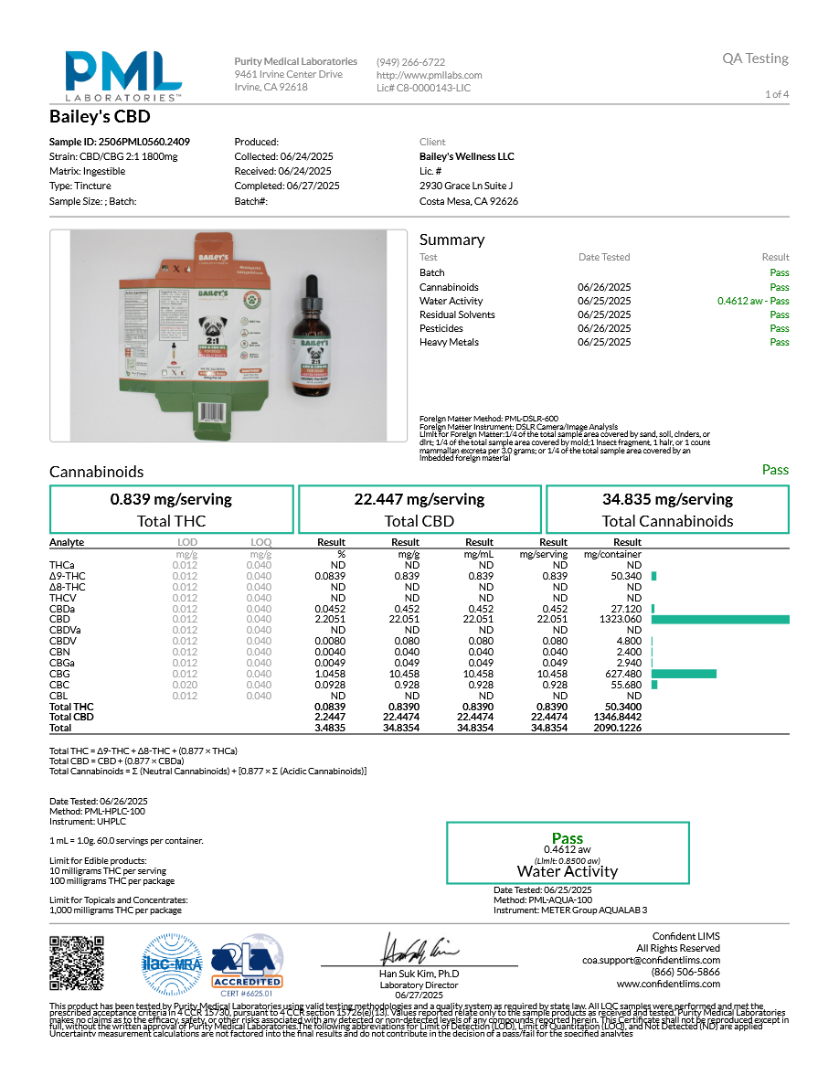 BAILEY'S CBD+CBG DOG TINCTURE EXTRA STRENGTH